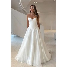 White off-the-shoulder Wedding Dress, Sleeveless Lace-up A-line Train Dress