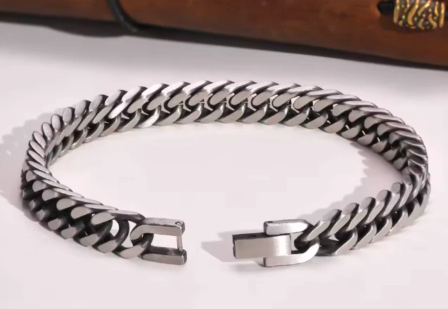 Pulseras de cadena cubanas retro para hombre, vintage antiguas cúpula de acero inoxidable Foto 4 de 4