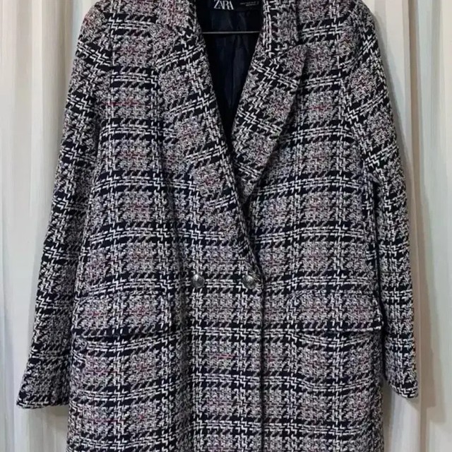Zara Wool Polyester Tweed Blazer S 55-66 Oversized Navy White Red
