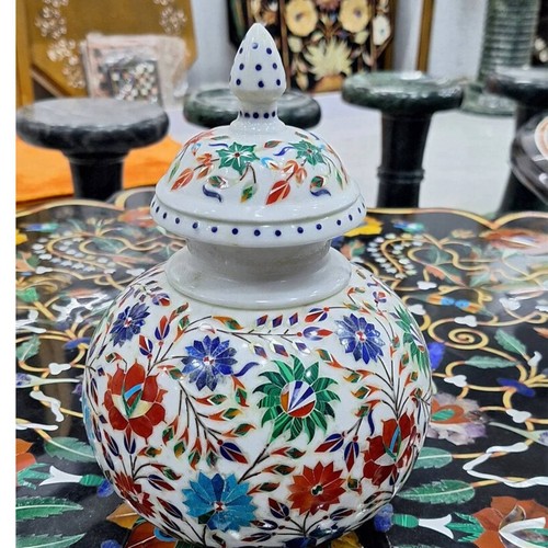 Florero de mármol blanco de 10" matka con incrustación de tapa fregona concha arte y coleccionable - Imagen 2 de 7