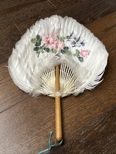 Antique White Hand Painted Feather Concave Fan Asian Floral Pattern