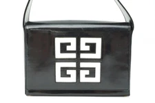 GIVENCHY Vintage Shoulder Handbag 4g Logo Flap Patent Leather Black 3483h