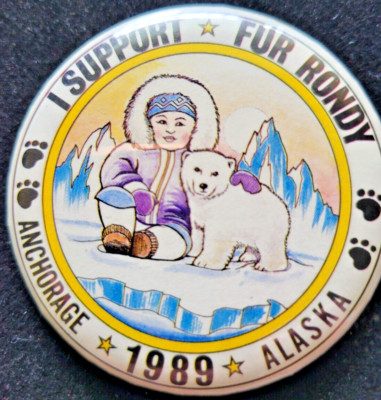 Vintage 1989 I Support Fur Rendezvous Button -Native & baby Polar Bear    HR0145