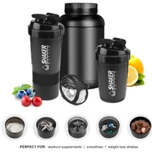Workout Supplement Protein Shaker Bottle with Loop Mixer and Mixer Cups for GYM