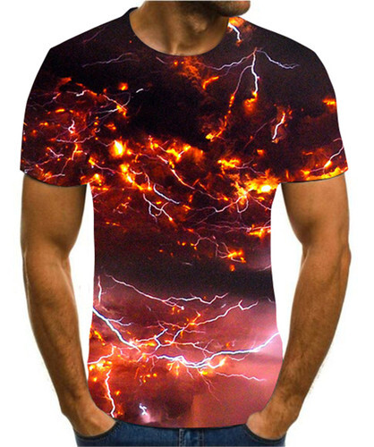 T-shirt 3D Imprimé Motif éclair Et Paysage - Homme/Femme, Manches Courtes, Tissu Stretch