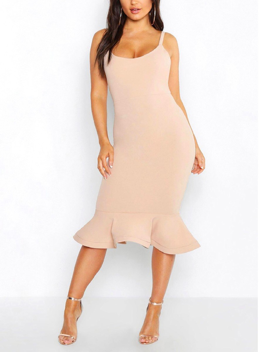 BOOHOO BLUSH, BLACK STRETCH Peplum Hem Midi Dress Plus Size