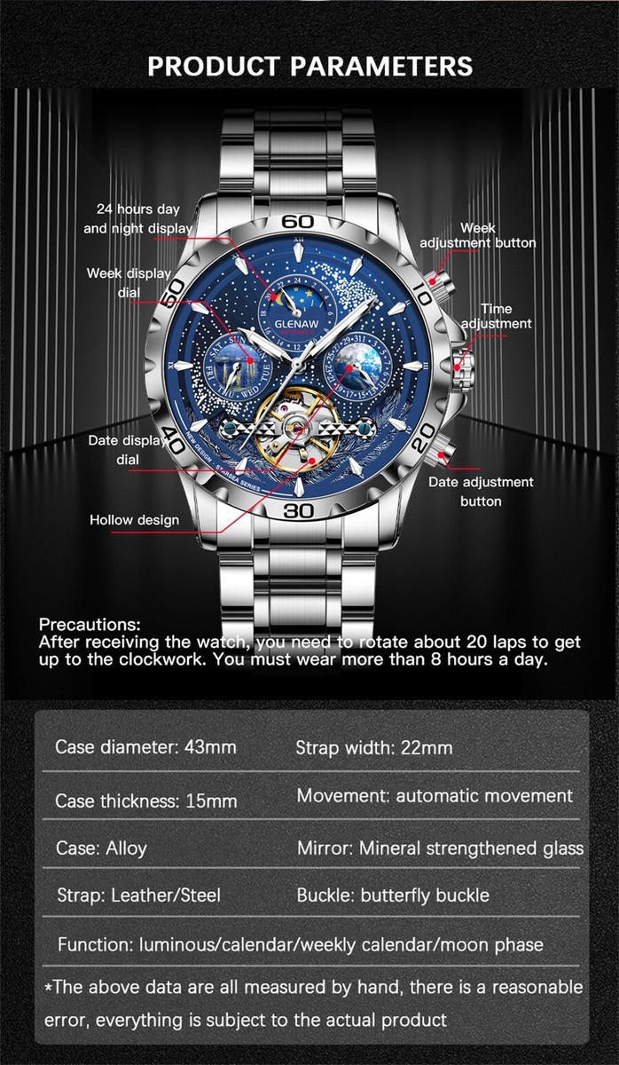GLENAW Orologio Automatico Meccanico Da Uomo – Cassa Quadrata In Acciaio 304L, Scheletrato, Impermeabile 3ATM