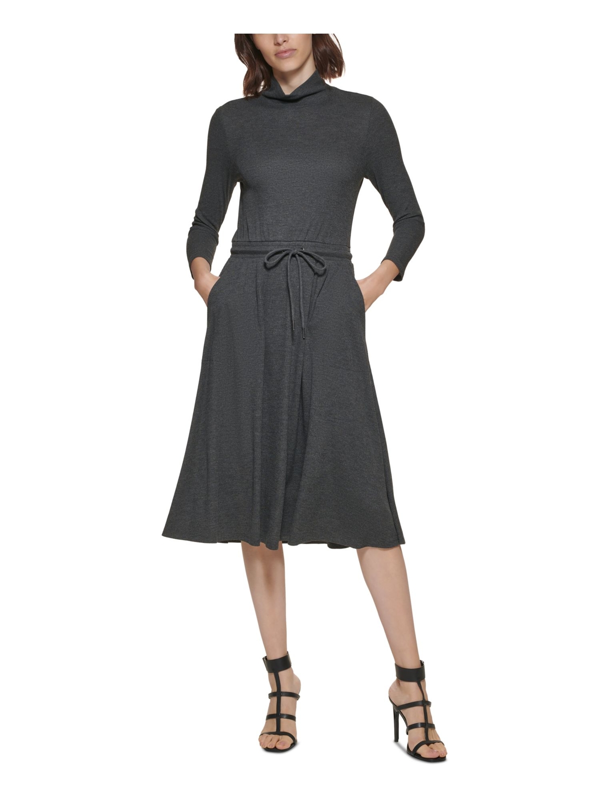 CALVIN KLEIN Womens Gray Waist 3/4 Sleeve Below The Knee Sweater Dress