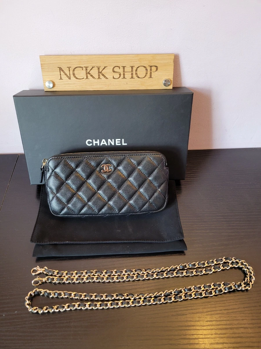 Chanel Black Caviar Leather Double Zip Clutch on Chain | eBay