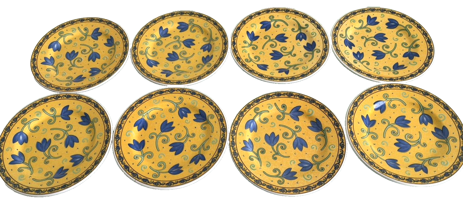 Vintage Furio Set of 8 Blue Floral Yellow Salad/Dessert Plates FUO42 Italy EUC