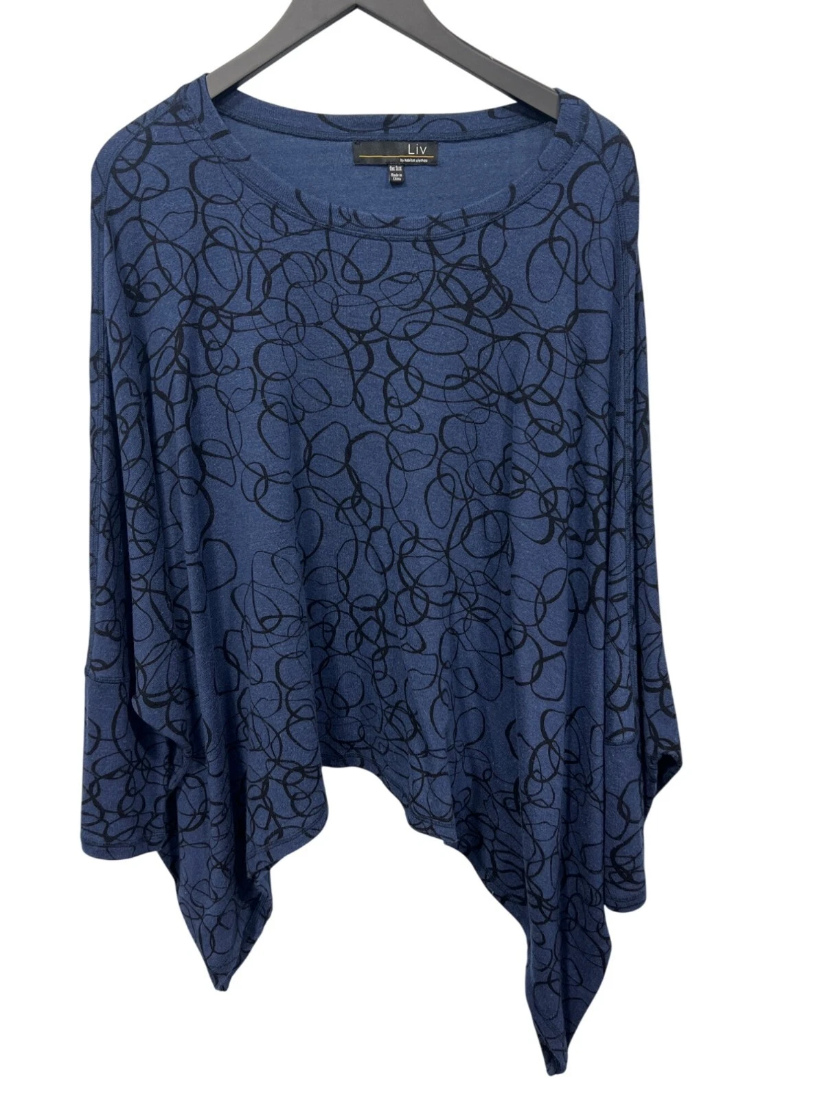 Liv by Habitat Abstract Print Pullover Poncho Sweater Women OS Asymmetrical Blue