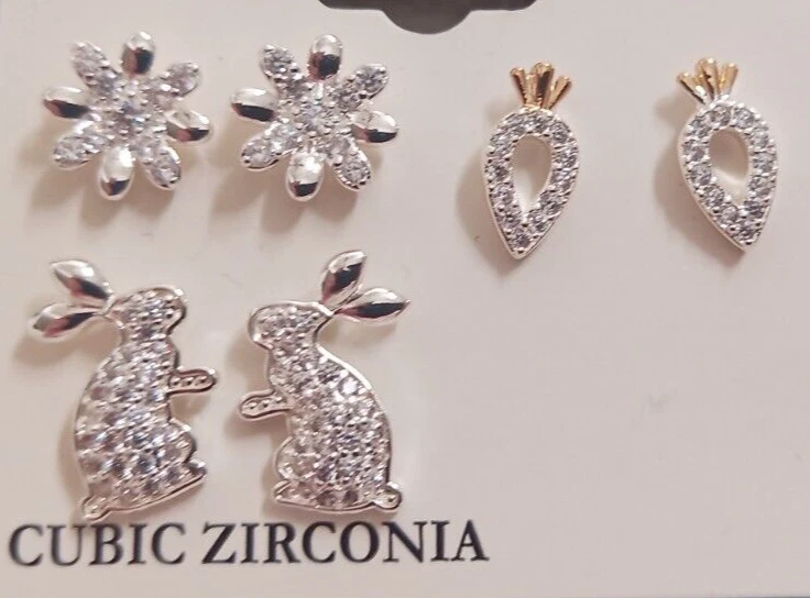 Nuevo con etiquetas Juego de 3 pares de pendientes Napier tono plata circonita cúbica primavera Pascua conejo Foto 2 de 4
