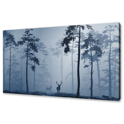 Hirsch Hirsch Familie blau nebliger Wald Leinwanddruck Bild Wandbild 24''x16''
