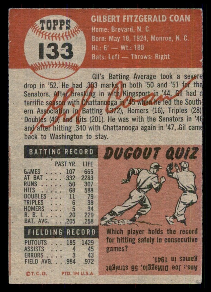 1953 Topps Gil Coan Nice Centering! 133 VG MK MC Baseball Card eBay