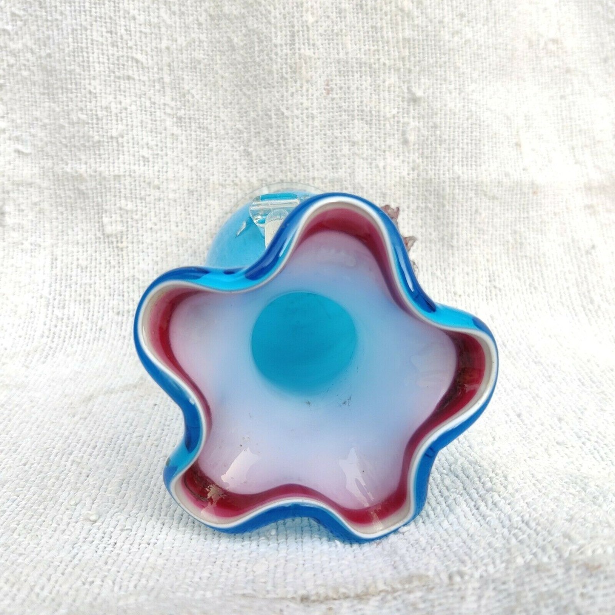 Vintage Handmade Floral Blue Pink Glass Pontil Mark Flower Vase