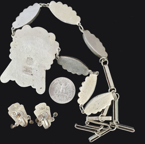 VTG Taxco Mexico Sterling Silver Cobalt Blue Carved Mask Necklace & Earrings Set - Picture 6 of 7