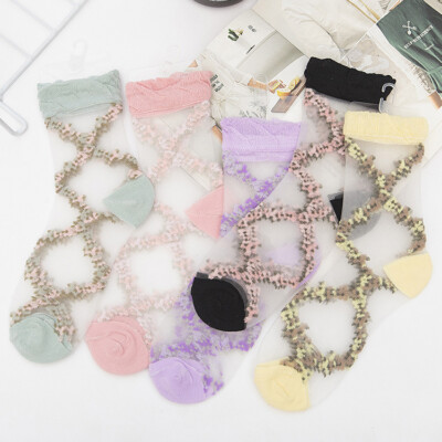 5 Pack Women Ultra Thin Lady Floral Transparent Crystal Lace Elastic Sheer Sock