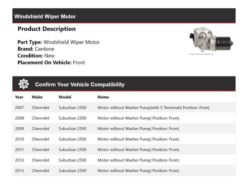 For 2007-2013 Chevrolet Suburban 2500 Windshield Wiper Motor Front Cardone 2008 - Image 2 of 4