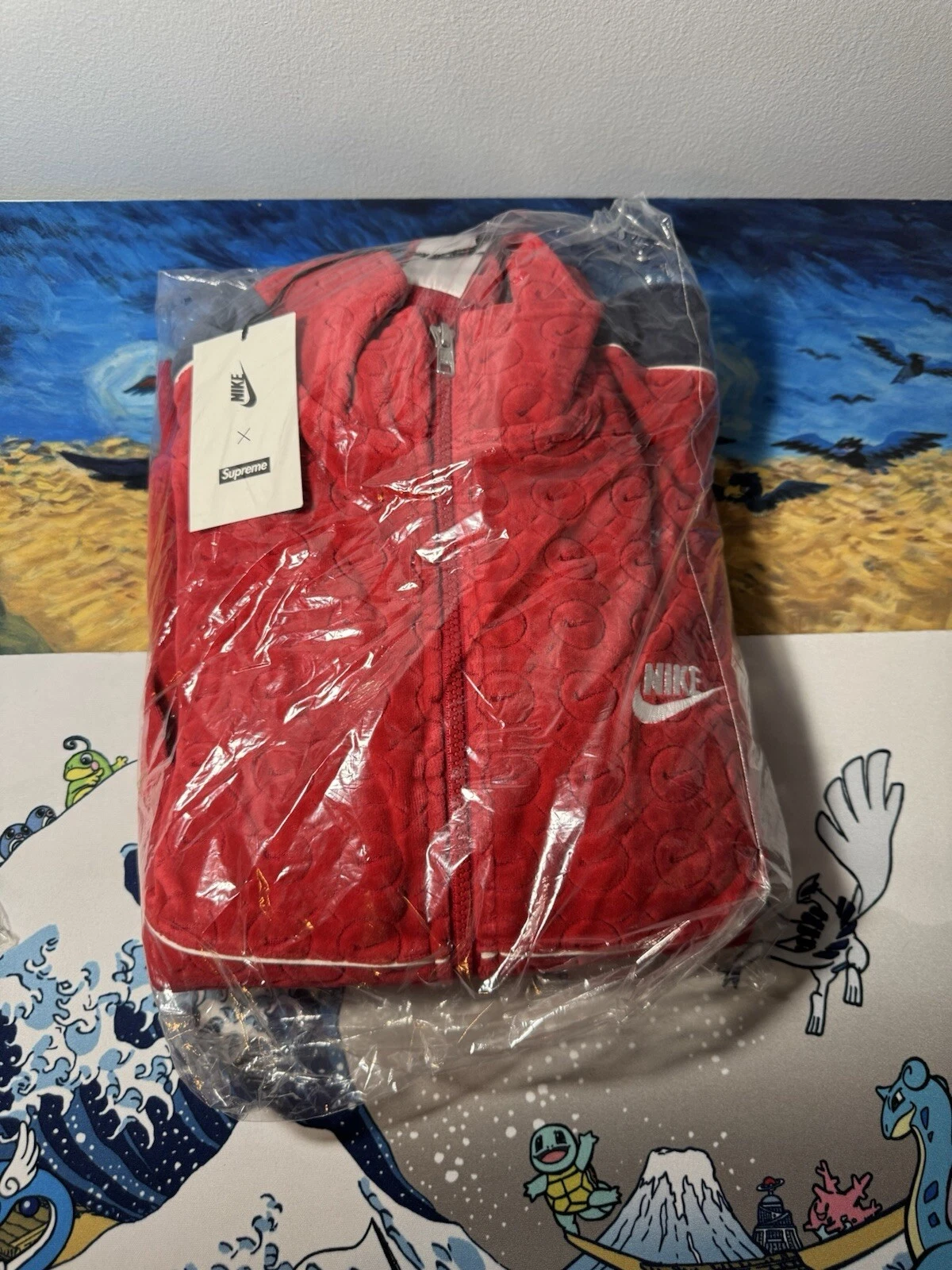 Veste de survêtement Supreme Nike velours rouge moyen authentique boîte logo bleu