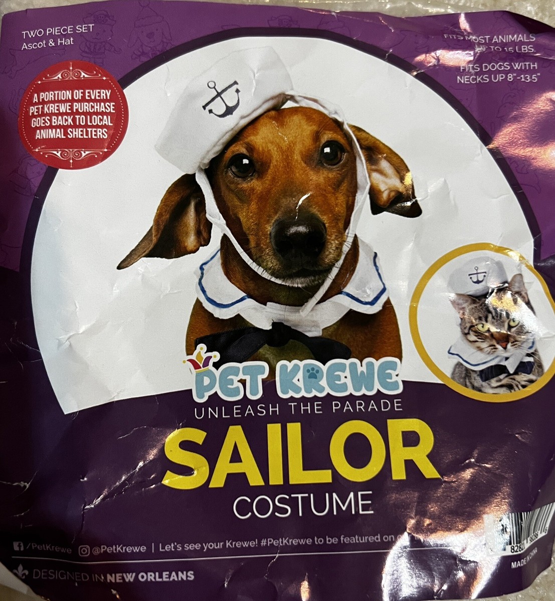 Halloween Costume Dog Cat Sailor Outfit Hat Collar Pet Krewe Up to