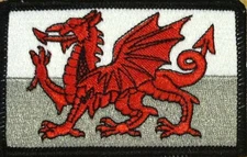 WALES Flag Military Patch With Hook & Loop Fastener  BLACK Border Gray Version