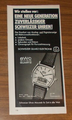 Seltene Werbung vintage BWC SWISS QUARTZ Uhr - Eine neue Generation 1978