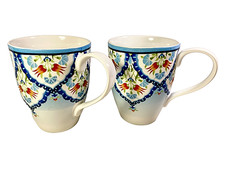 222 Fifth TUNISIA Porcelain Mugs Geometric Floral Blue White Red 12 oz Set of 2