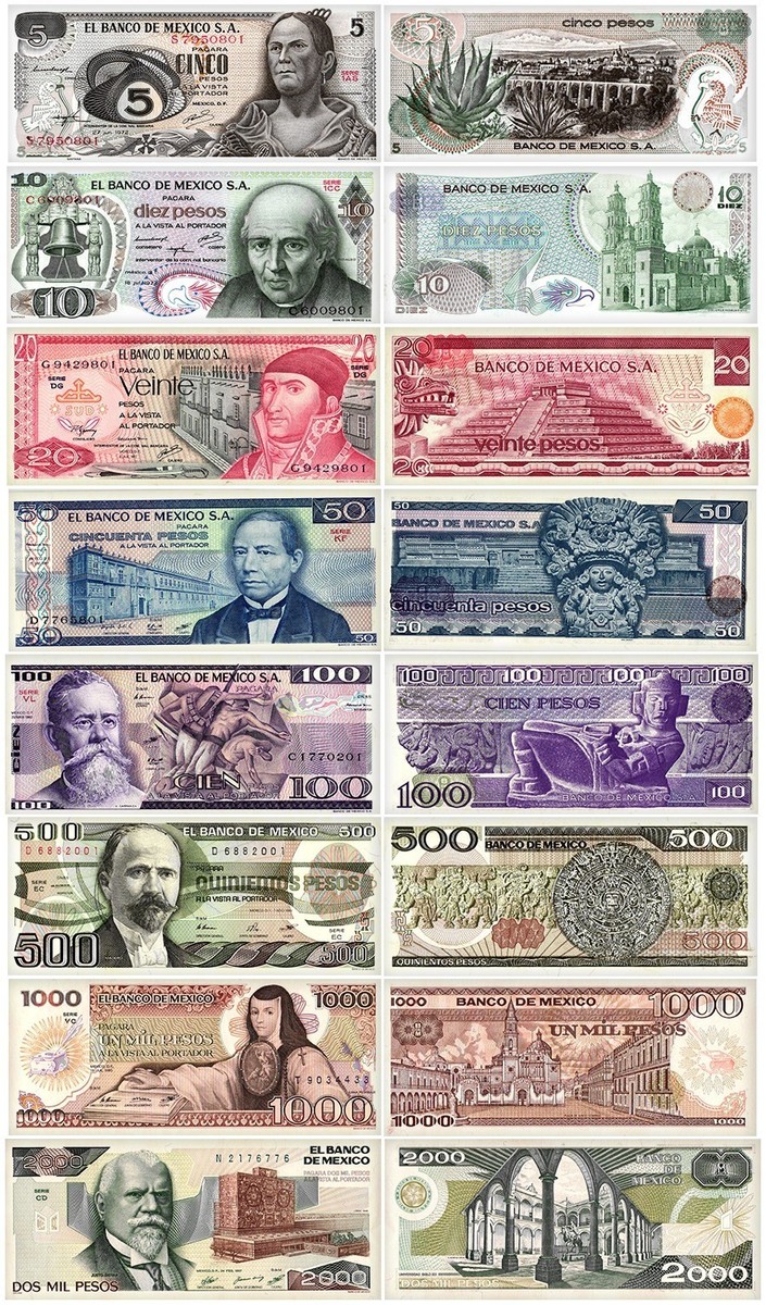 Mexico 5-2000 Pesos 8 Pieces Full Set, 1969-1989, P-62-86