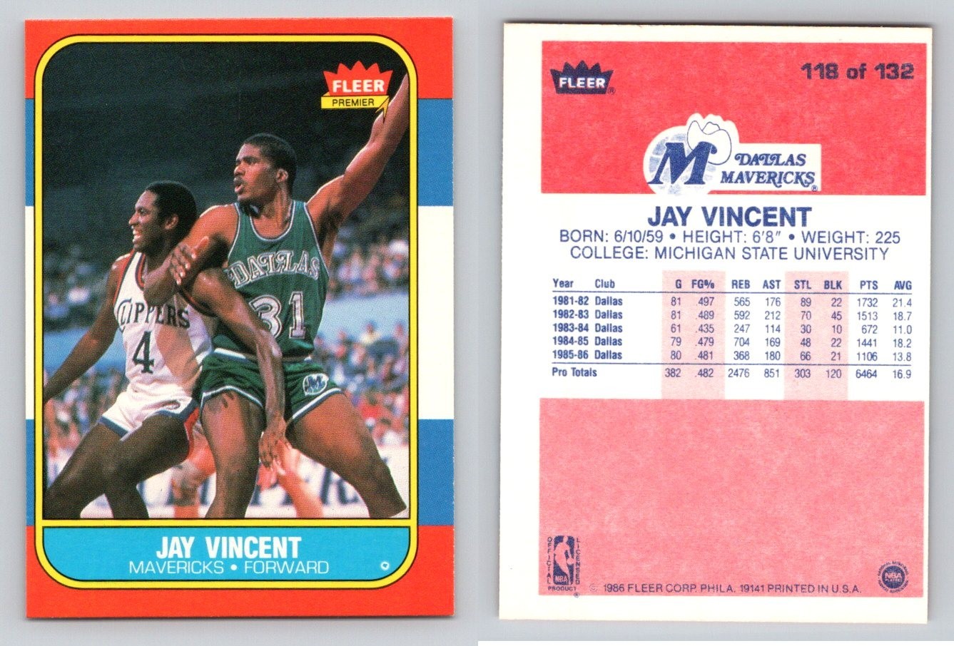 JAY VINCENT 1986-87 Fleer #118 Dallas Mavericks