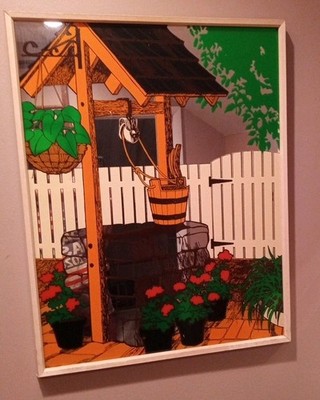 Vtg 1970s Rustic Plants Water Well Mcm Painted Framed Mirror 20x26'' Farmhouse
