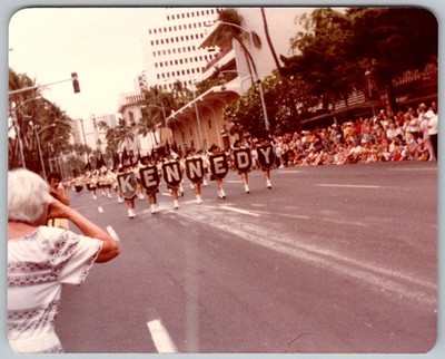 Vtg Color Snapshot Parade Group 'kennedy' Street 1982