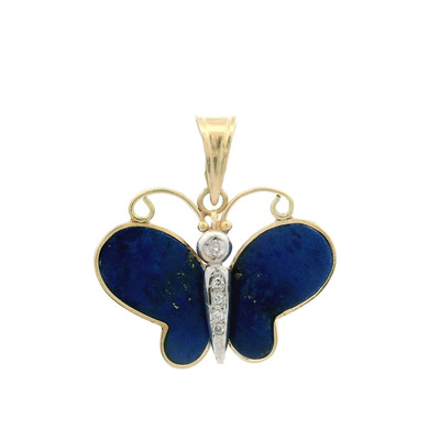 Vintage Yellow & White Gold Lapis w/ Diamond Accents Butterfly Charm Pendant