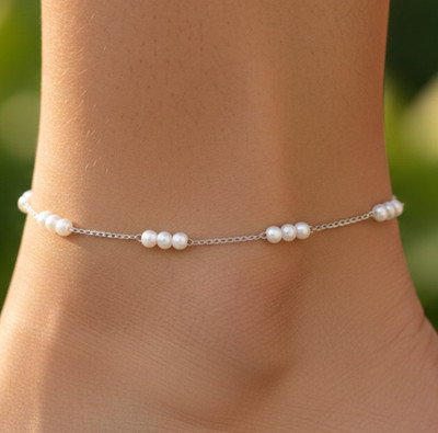 Elegant Silver Color Anklet Minimalist Boho Pearl Charm Pattern Handmade Design