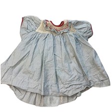 Vintage Handmade Baby Doll Dress Blue White Geometric Print Red Trim Mid-Century