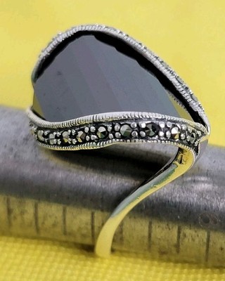 Unikat 925 Sterling Silber & Faux Rubin mit Hämatit Steinen Ring - Größe 7