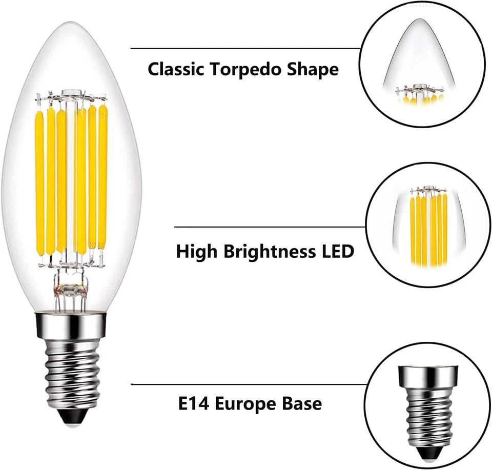 E14 LED Bulbs Dimmable 60W Equivalent 2700K Warm White Edison European Base 4 Pa - Image 4 of 4