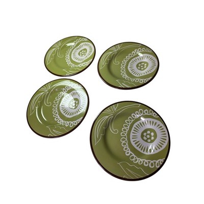 Set of 4 SUMMER OASIS Avocado Green White Floral Brown 9'' Luncheon Salad Plates