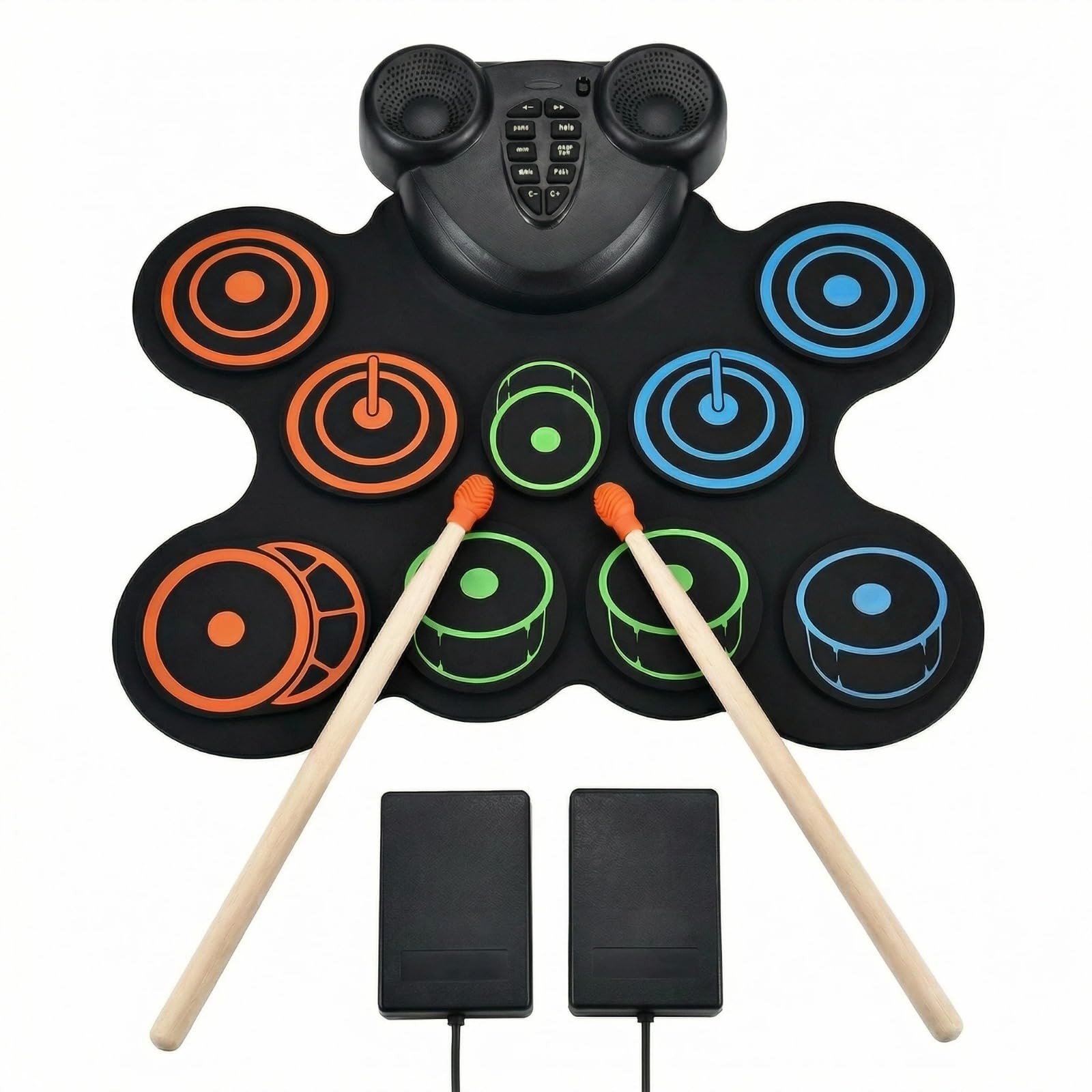 Portable 9Pad Electronic Drum Set Foldable Silicone Rechargeable Kit Pedal