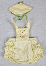 VTG Baby Girls Romper Bubble 12-18 Months Hat Yellow Ruffles Embroidery Flowers