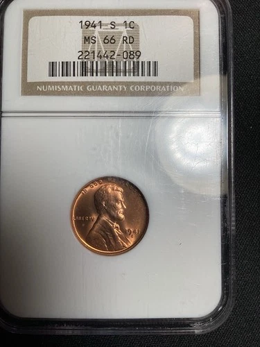 Beautiful High Grade 1941-S Lincoln Cent.  NGC GRADED MS66 RED
