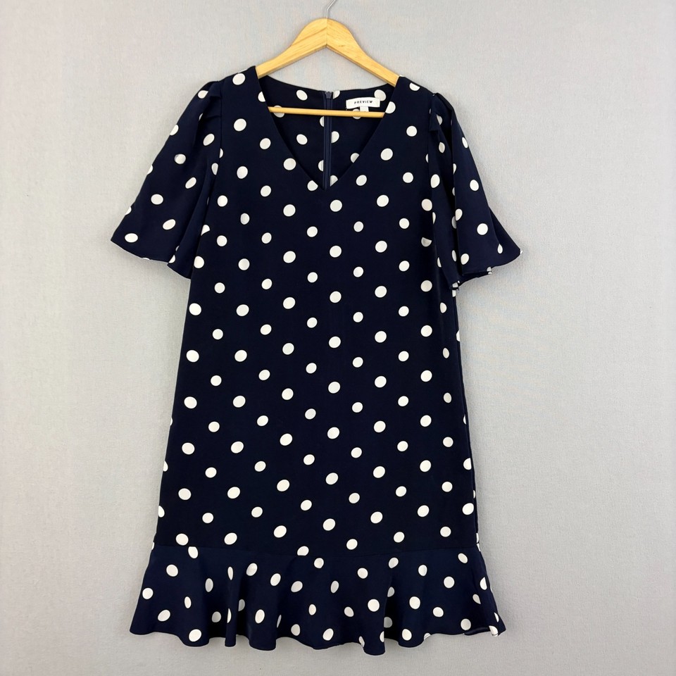 Preview Dress Womens 10 Blue Shift Polka Dot Flutter Sleeve Flounce Hem Coquette
