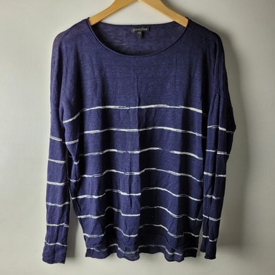 Eileen Fisher Damen Gr. S dunkelblau weiß gestreift 100% Bio Leinen Top Freizeit