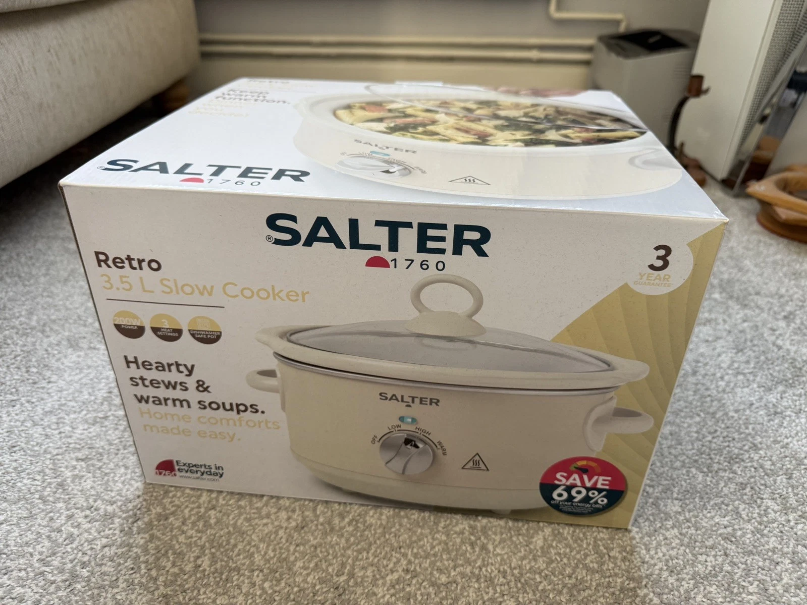 Salter Retro 3.5L Slow Cooker 3 Heat Settings/Keep Warm for Family Cooking Cream