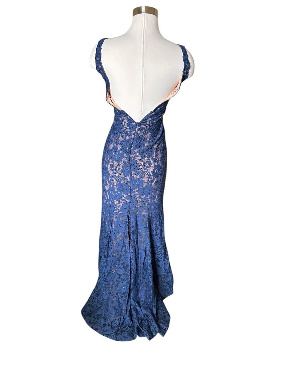 M Jovani Evening/Prom Dress Deep V Neck Blue Lace Overlay Sequin