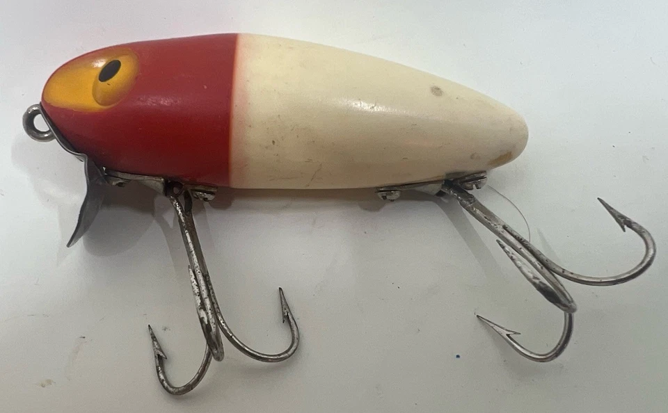 "Señuelo de ojos amarillo labio rojo agua dulce vintage Wright & McGill 2 ganchos agudos 2,75""" Foto 2 de 4
