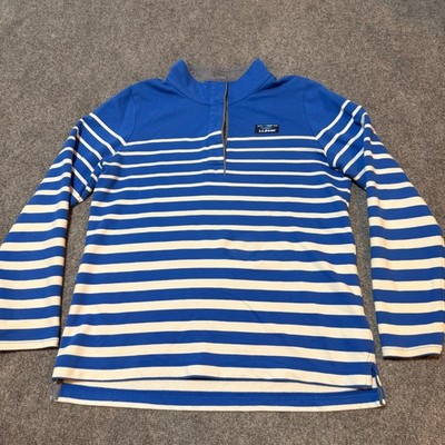 LL Bean Sweatshirt Mens Medium Blue Striped Pullover Mock Neck Snap Button