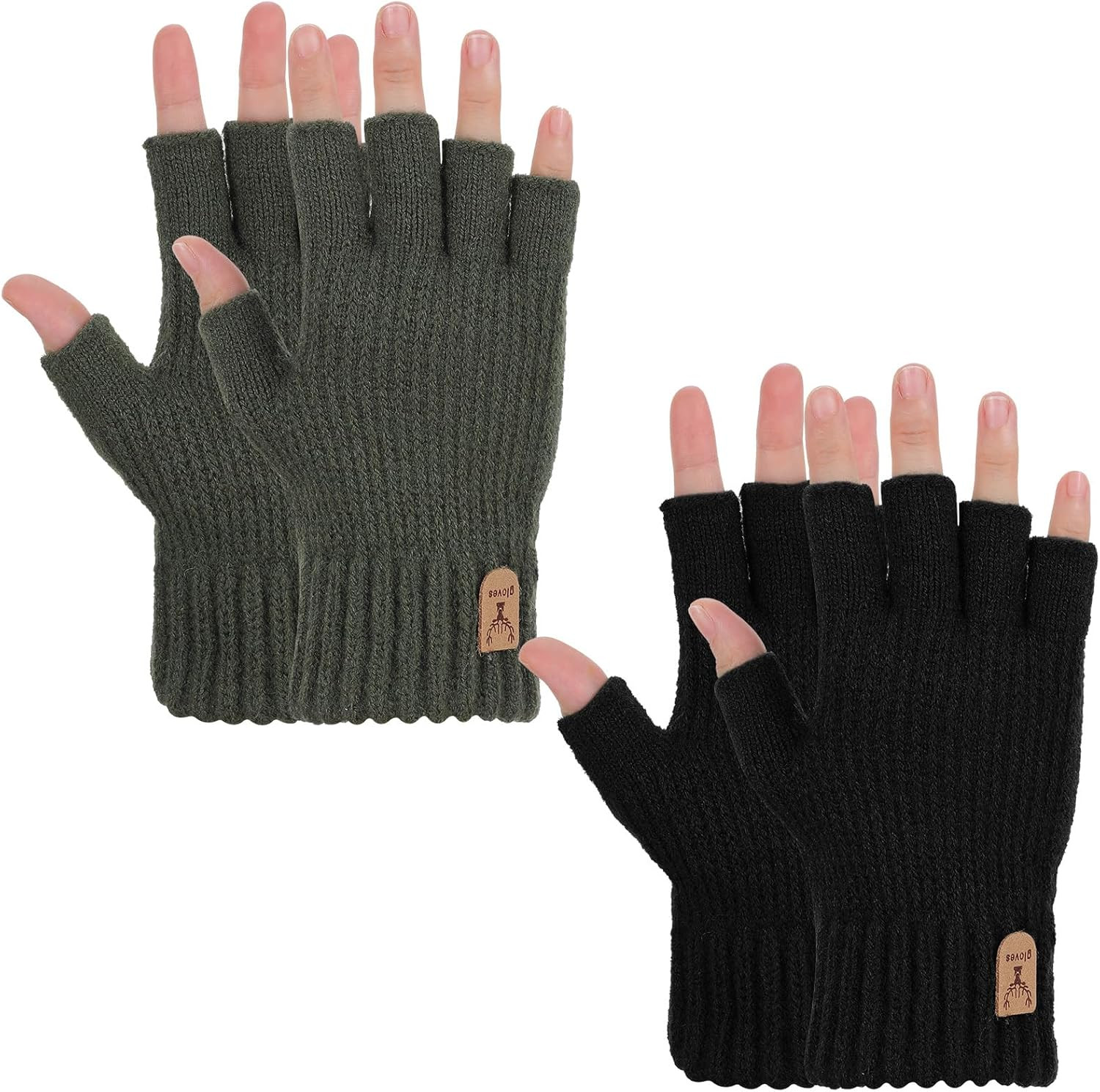 Grevosea 2 Pair Fingerless Gloves, Winter Half Finger Gloves Thickened Cashmere 