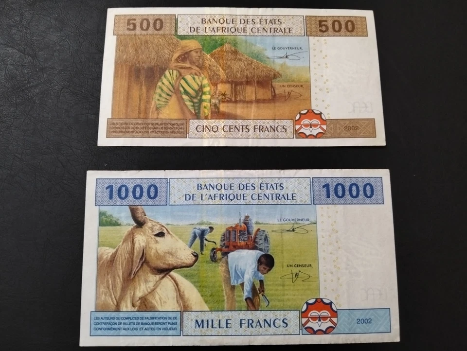 Lot of 2 Central African CFA Franc Banknotes – 500 & 1000 Francs – 2002 Issue - Image 2 of 2