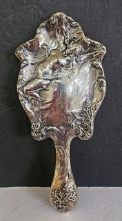 Antique Art Nouveau Hand Mirror Silver Plated Floral 10 1/2 ” X 4 1/4" .