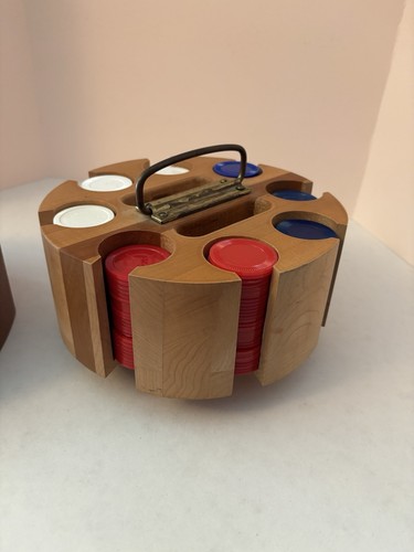 Vintage Plastic Poker Chips W/ Hardwood Rotating  Caddy